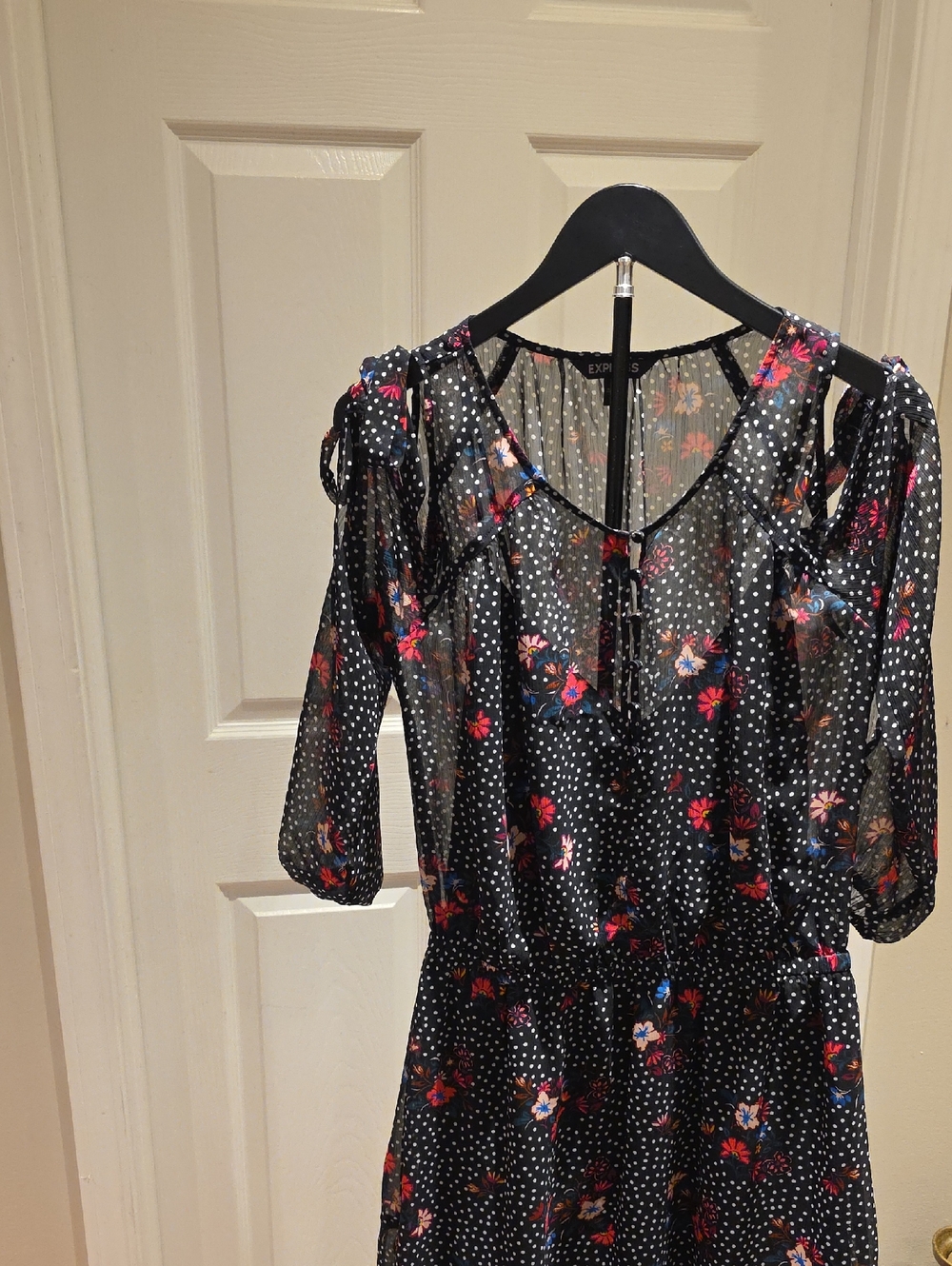 Express Black Sheer Floral Polka Dot Midi Dress
